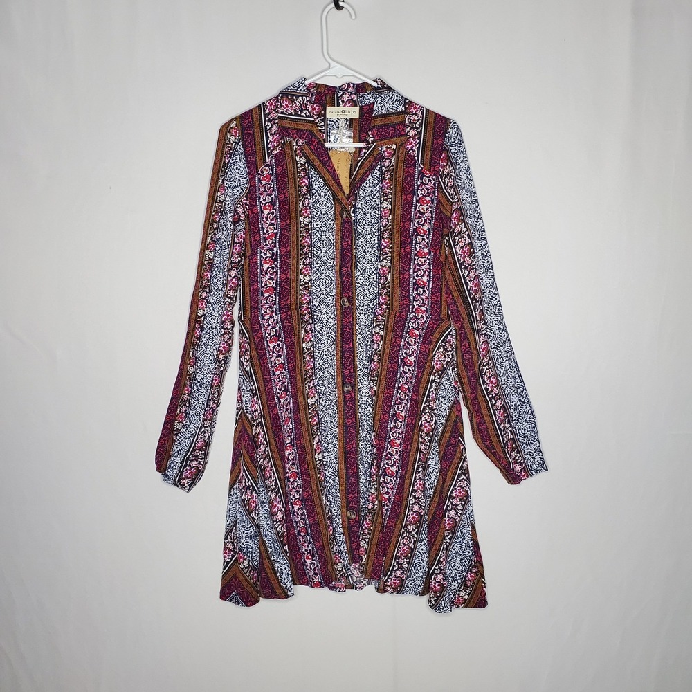 Natural Life Dress XS Button Collar Boho Stripe Print Fairy Hippie Cottagecore
